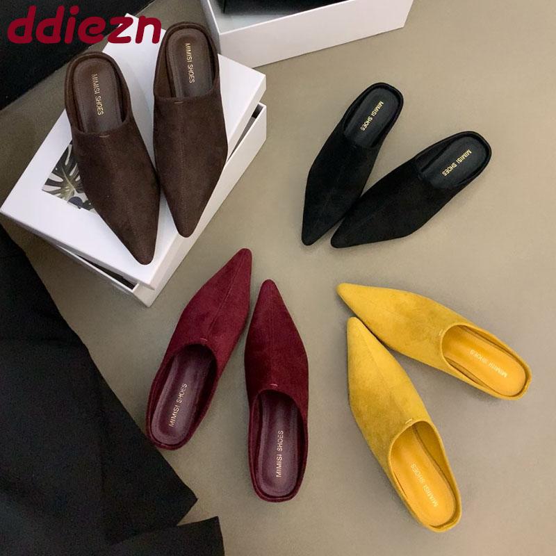 Fashion Fashion Flock Women Low Heel Pumps Shoes Slides Mules Female Shallow Footwear Pointed Toe Ladies Heeled Shoes Sandals  lady