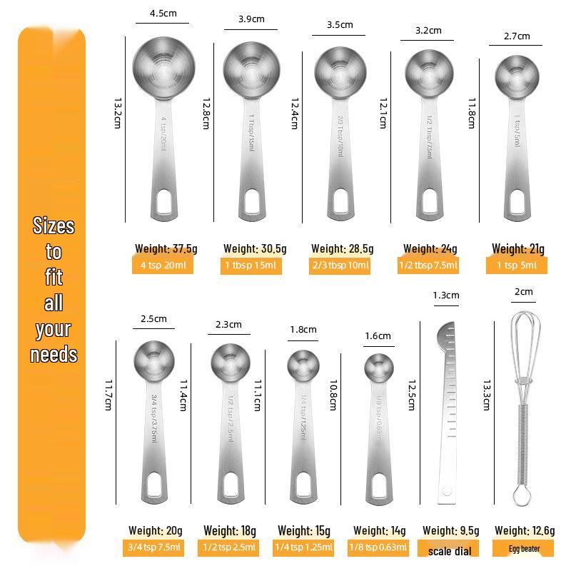 304 Stainless Steel One-Piece Round Handle Measuring Spoon Set with Hook Scale for Baking and Coffee