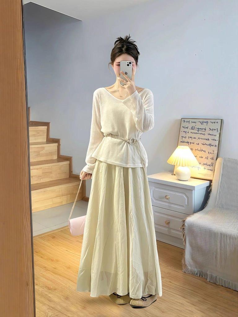 Frühlings Übergröße Damen Schlankmachendes Top & Midi-Rock Set - Koreanischer Stil