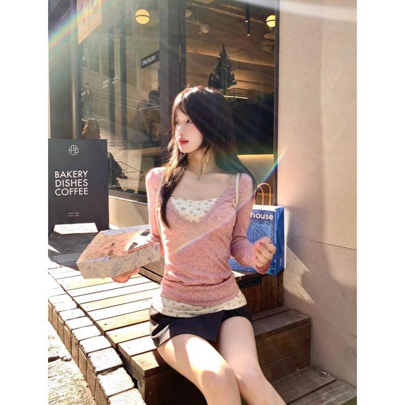 

Women s Lace Floral Long-Sleeve V-Neck Two-Piece Look T-Shirt - Winter Slimming Sweet & Spicy Style Extra Large світло-рожевий колір