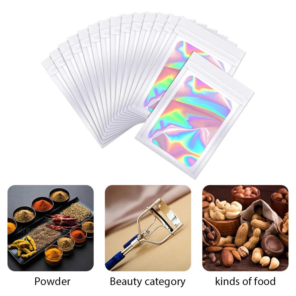 100pcs Packaging Pouch Bag Aluminum Foil Polyester Film Translucent Holographic Rainbow Film Sealed Bag Laser Zip Lock Bag