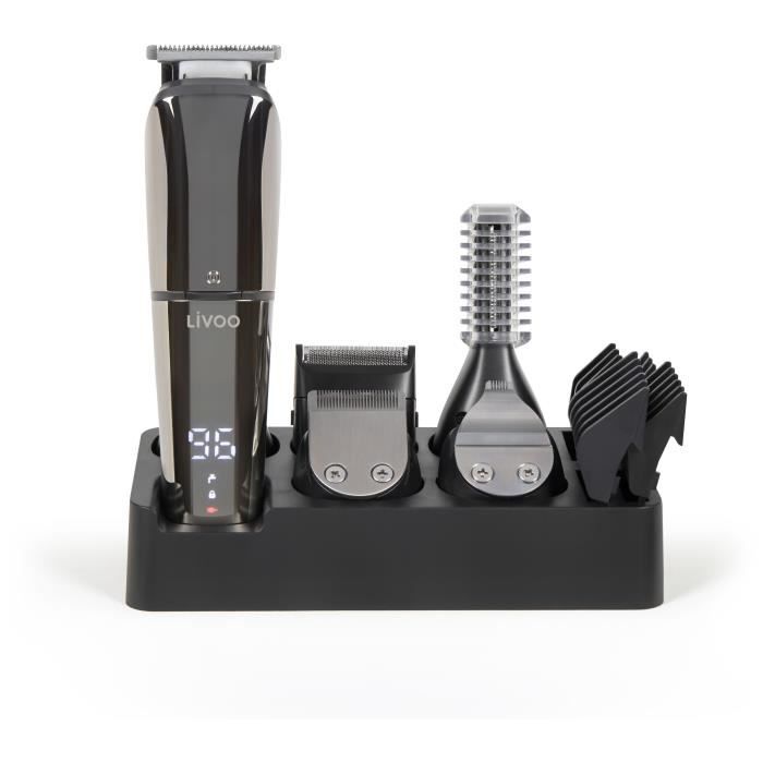 Set Tondeuse Multifonction - LIVOO - DOS196 - 3,7 V - 90 Min - 6 Têtes - 5 Sabots - IPX6 - Noir / Argent
