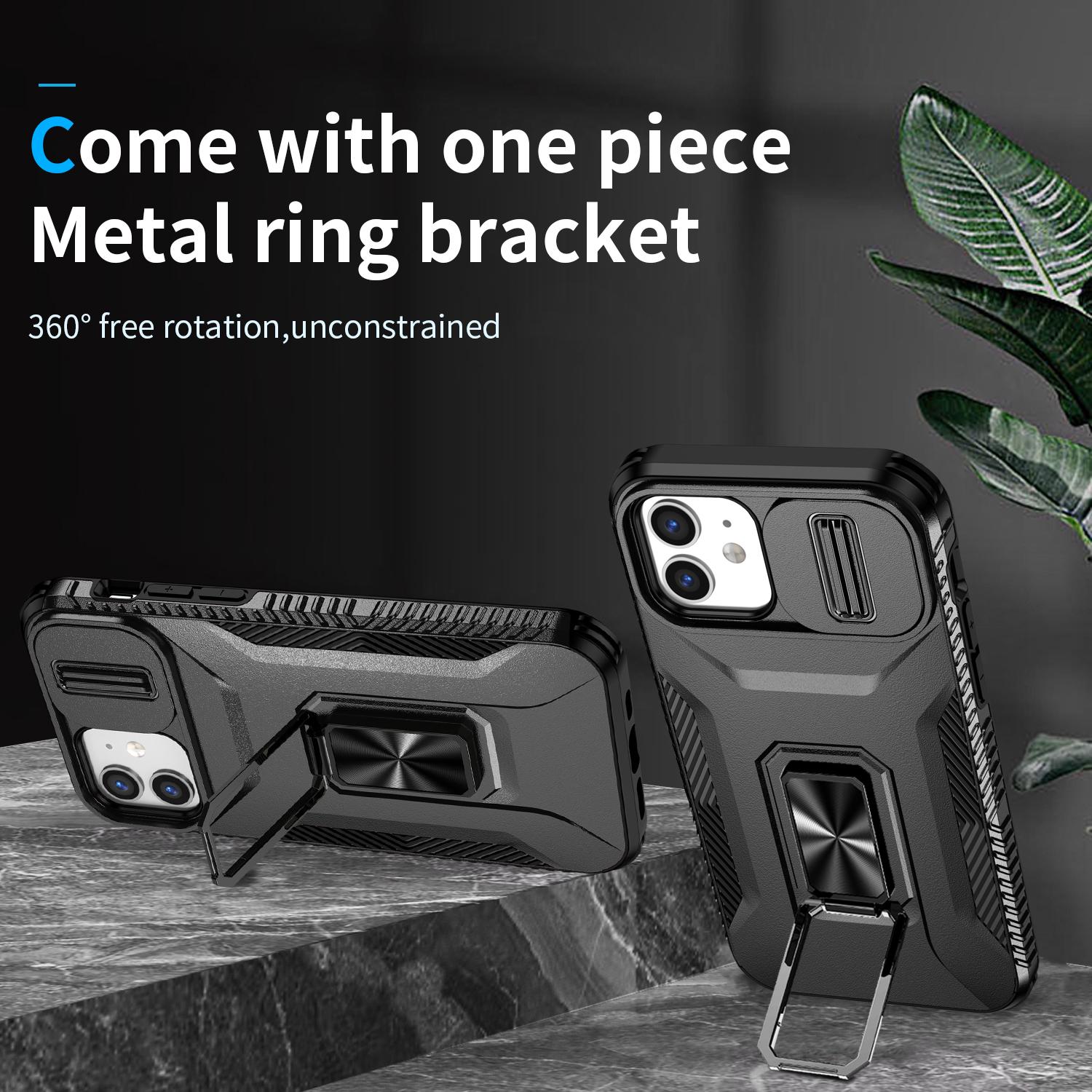 

Anti-fall Phone Case for iPhone 12 6.1 inch/12 Pro 6.1 inch Shell Rotate Kickstand Slide Lens Window Cover Green