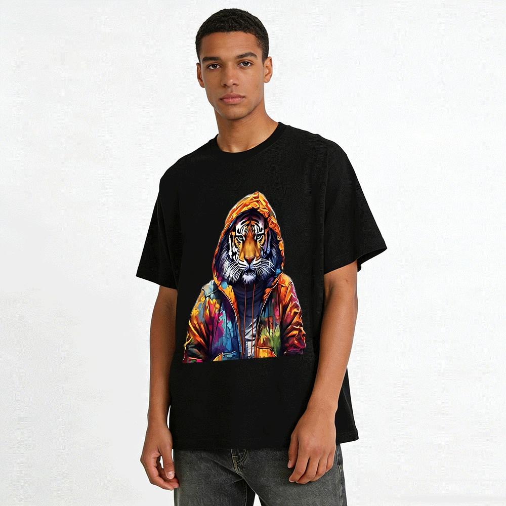 Cool Anthropomorphic Tiger Print Casual Hoodie For Men Women Pure cotton T-shirt