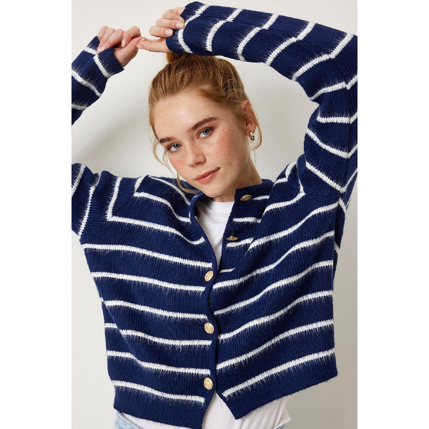 

Gold Buttoned Striped Knitwear Cardigan Navy Blue White