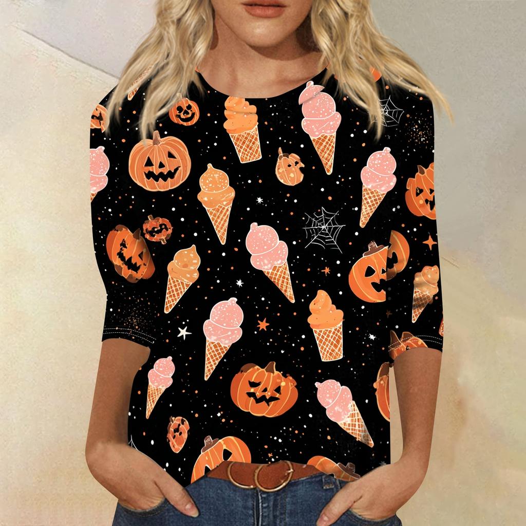 Women's Casual Three Quarter Sleeve Halloween Print Crew Neck Top Lightweight Comfortable Fit Seasonal Graphic Shirt for Everyday Wear