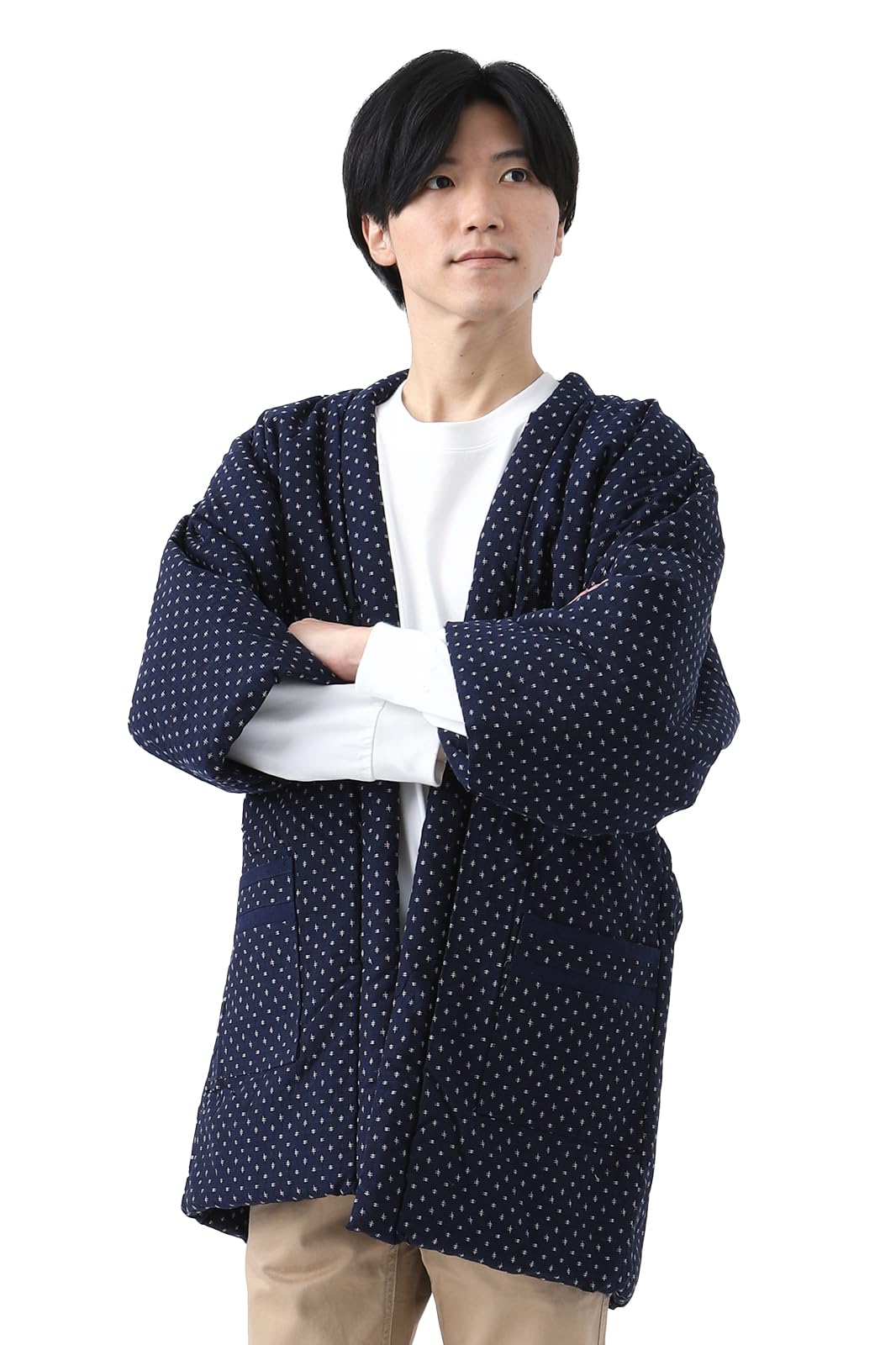 

Тайутаф Хантэн Сделано в Японии с тканью Цумуги и подкладкой Один размер подходит всем Игета Касури Темно-синий и мужской Куруме-тканый (Хатен) - - (Стандарт,