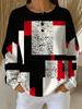 All-print plus size women's round neck buttoned waffle sweatshirt with geometric block print design