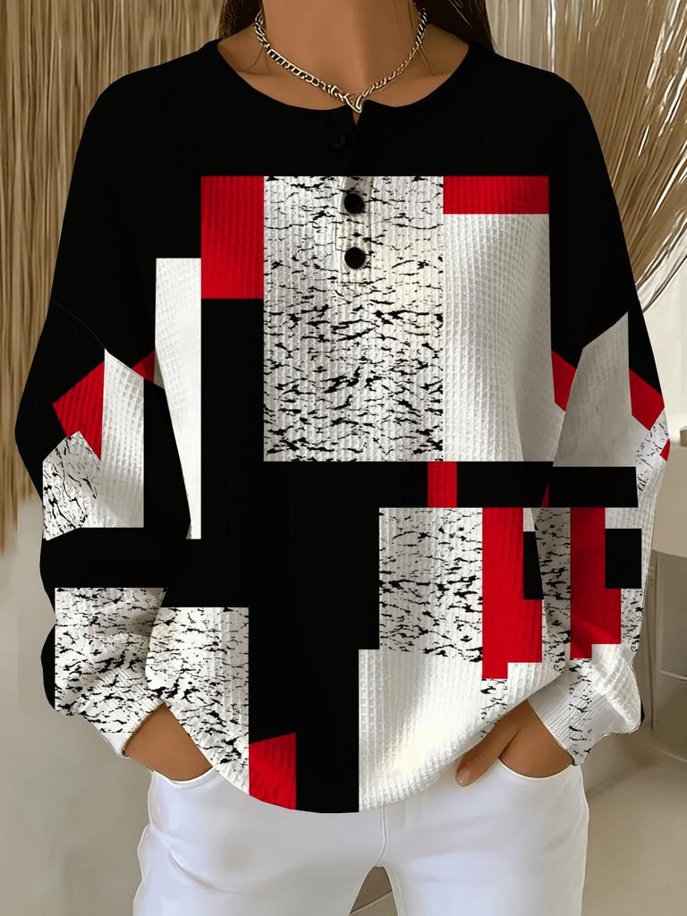 All-print plus size women's round neck buttoned waffle sweatshirt with geometric block print design