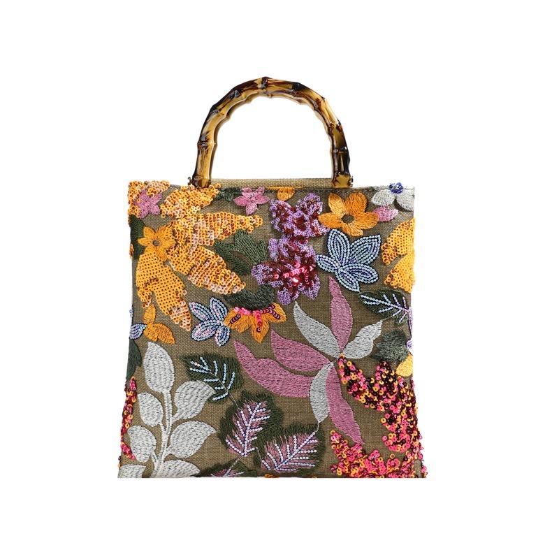 Bamboo Tote Bag Premium Color Sequins Retro Women's Hand Carry Heavy Industry Embroidery Tide Dinner Bag