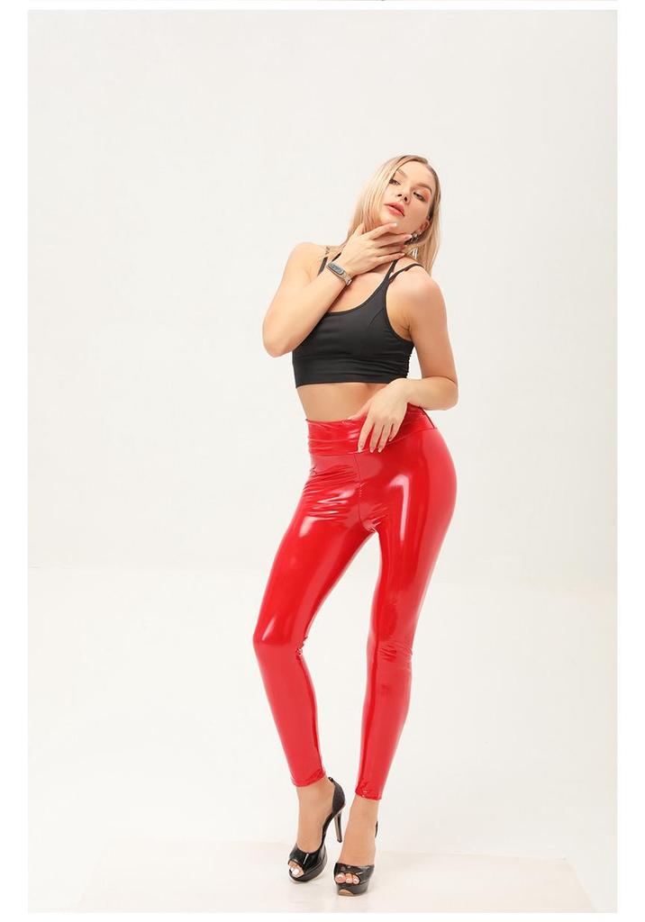 Pantaloni da Donna a Vita Alta in Ecopelle PU - Autunno/Inverno, Lunghezza 9/10, Elasticizzati, Lucidi a Specchio, Colorati