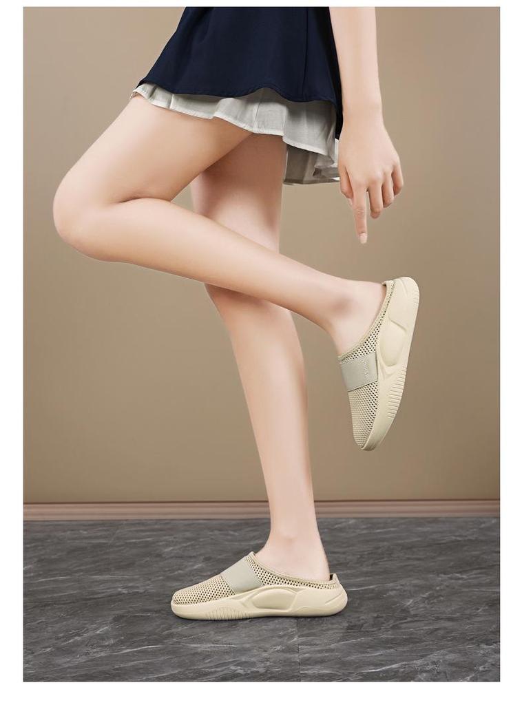 Women's Slip-On Breathable Flyknit Mesh Half Slippers - Comfortable, Casual, Fashionable, Versatile, Plus Size with Hollow Design.