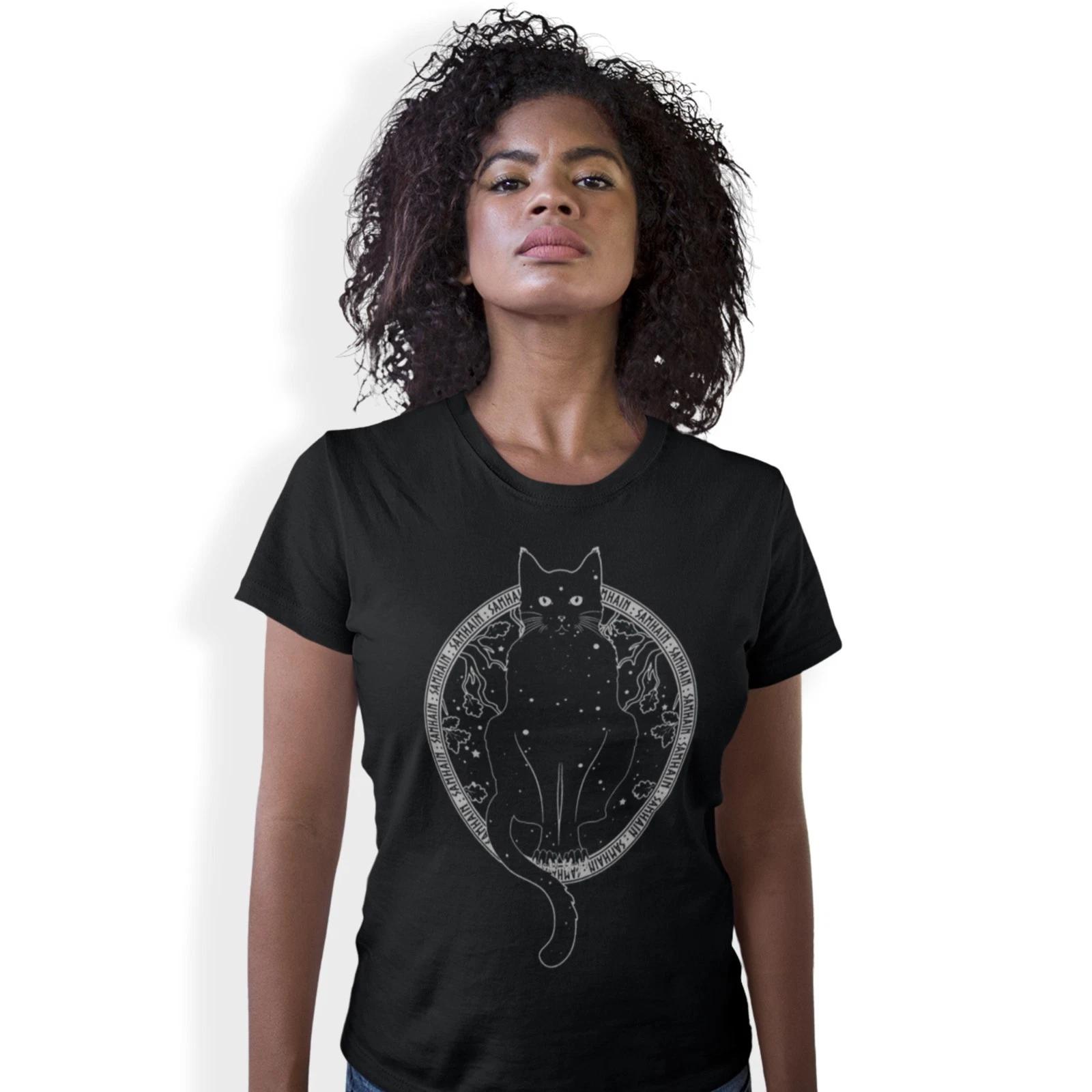 Samhain Cat Hand Printed T-Shirt Halloween Gothic Cat Birthday Gift 2XL