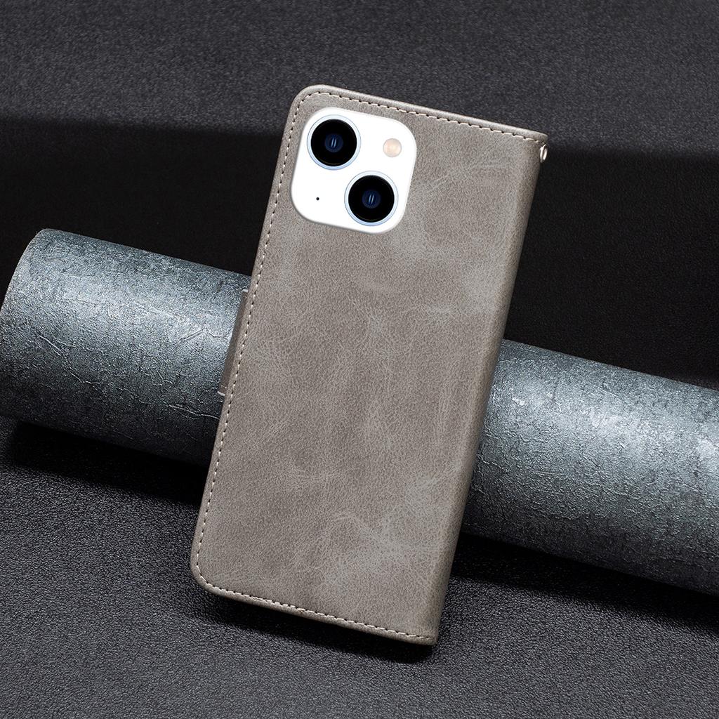 For iPhone 15 Phone Stand Cover Solid Color Fine Textured PU Leather Wallet Anti-Scratch Phone Case