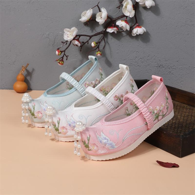 Girls' Pearl Butterfly Bottoming Embroidered Sandals Student Chinese Style Hanfu Costume Performance Cloth Shoes
