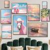 Pink Horse Coastal Beach Champagne Poster Boat Farmhouse  Watercolor Preppy Canvas Painting Print Boho Wall Art Girl Room Decor