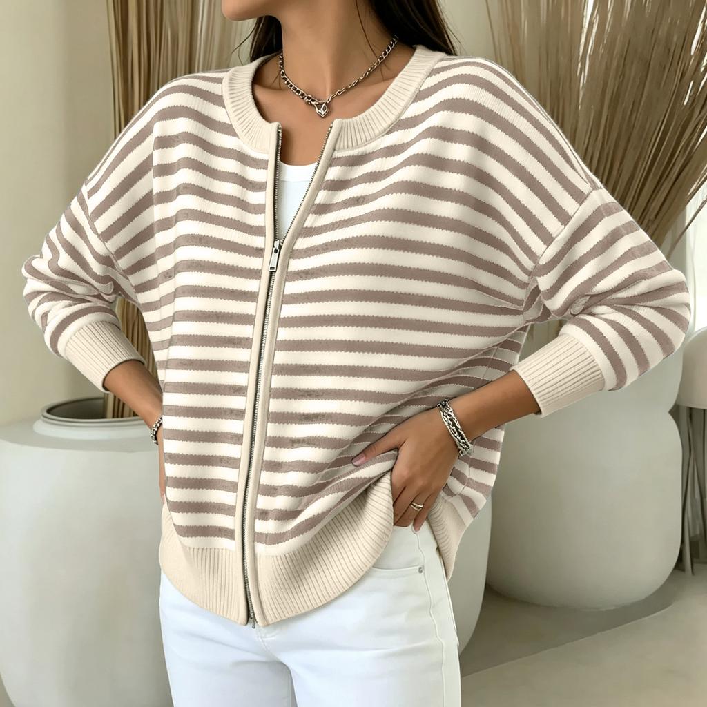 Cardigan zippé en maille rayée décontracté pour femme