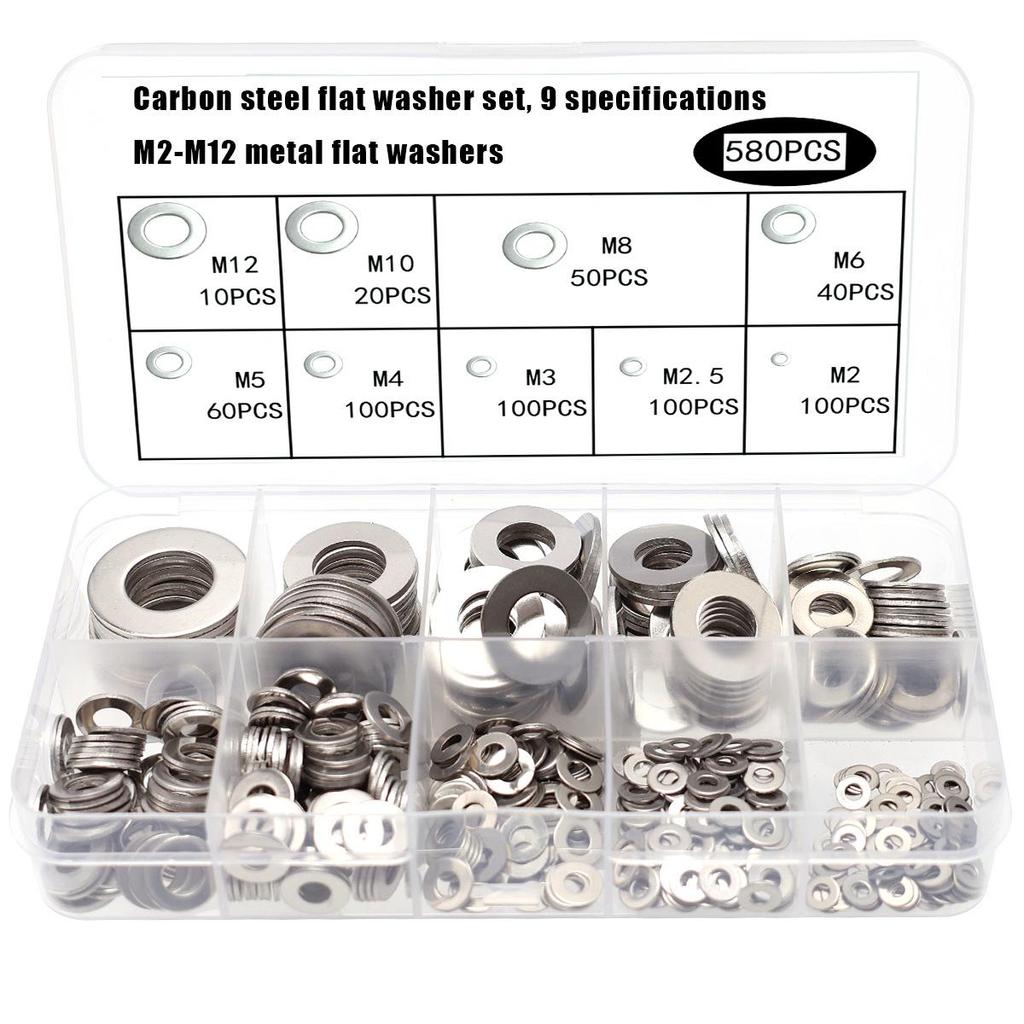 580-Piece Carbon Steel Flat Washer Set, 9 Sizes (M2-M12)