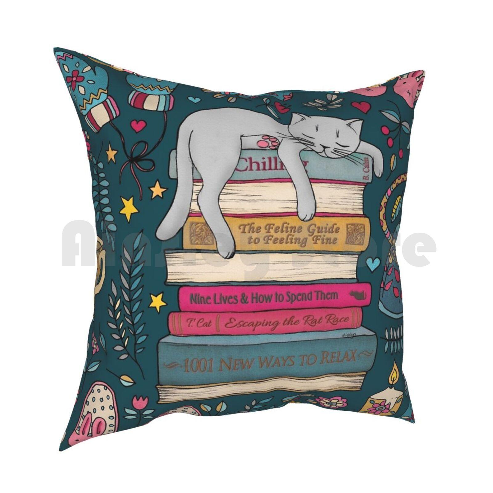 How To Hygge Like A Cat Pillow Case Printed Home Soft DIY Pillow Cover Cat Cute Pattern Books Sleep Cozy Hygge Flowers 30x30cm 12x12in