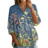 Women Button Front Shirt Vintage Floral Print Three Quarter Sleeve Loose Fit Blouse with Collar Casual Lightweight Top