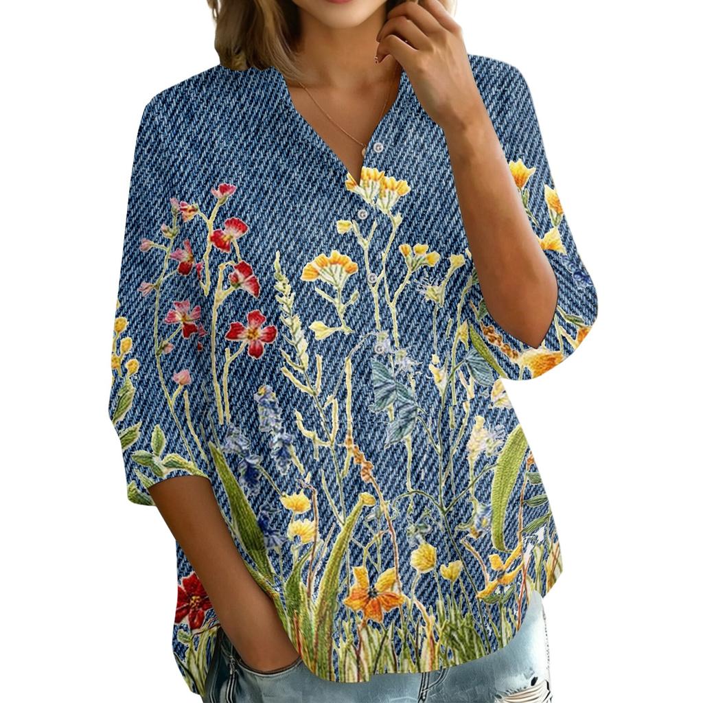 Women Button Front Shirt Vintage Floral Print Three Quarter Sleeve Loose Fit Blouse with Collar Casual Lightweight Top