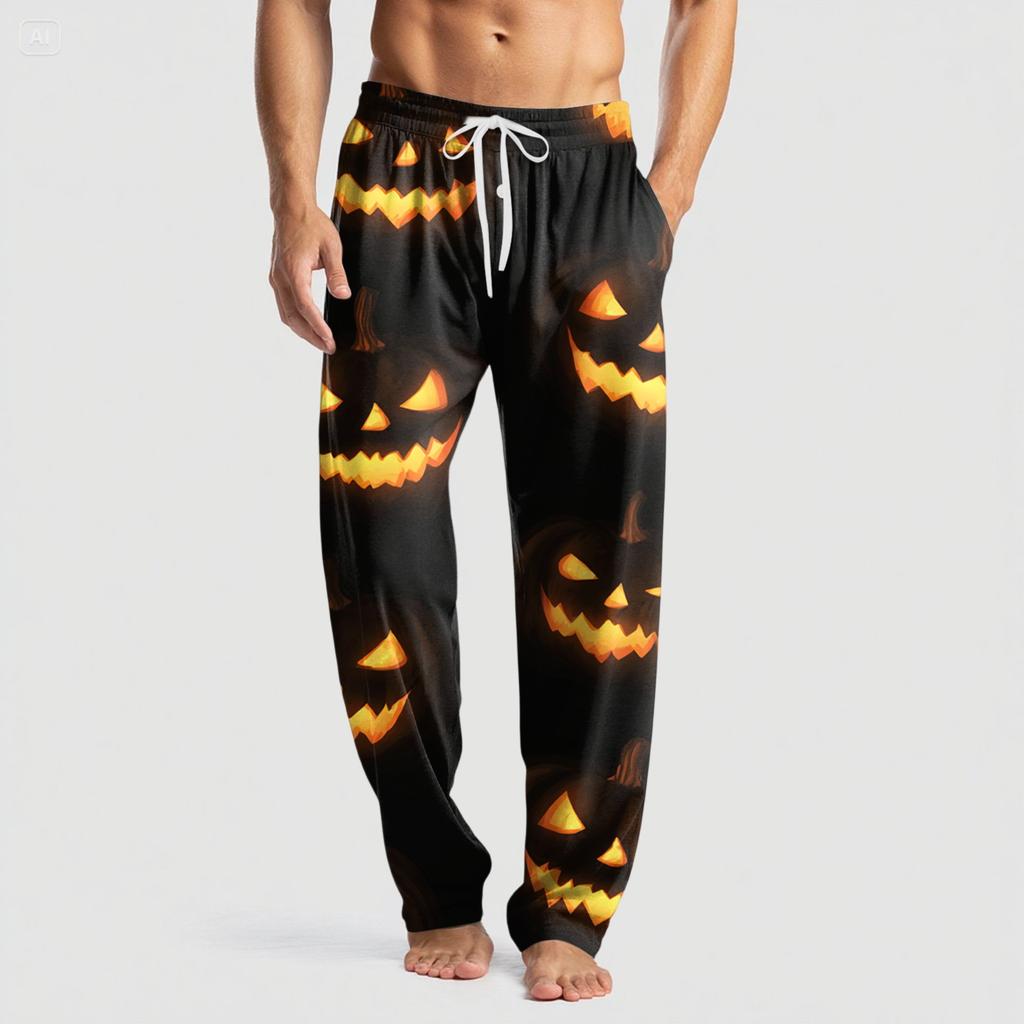 Men's Knitted Halloween Print Pocket Casual Pants Pajama Pants
