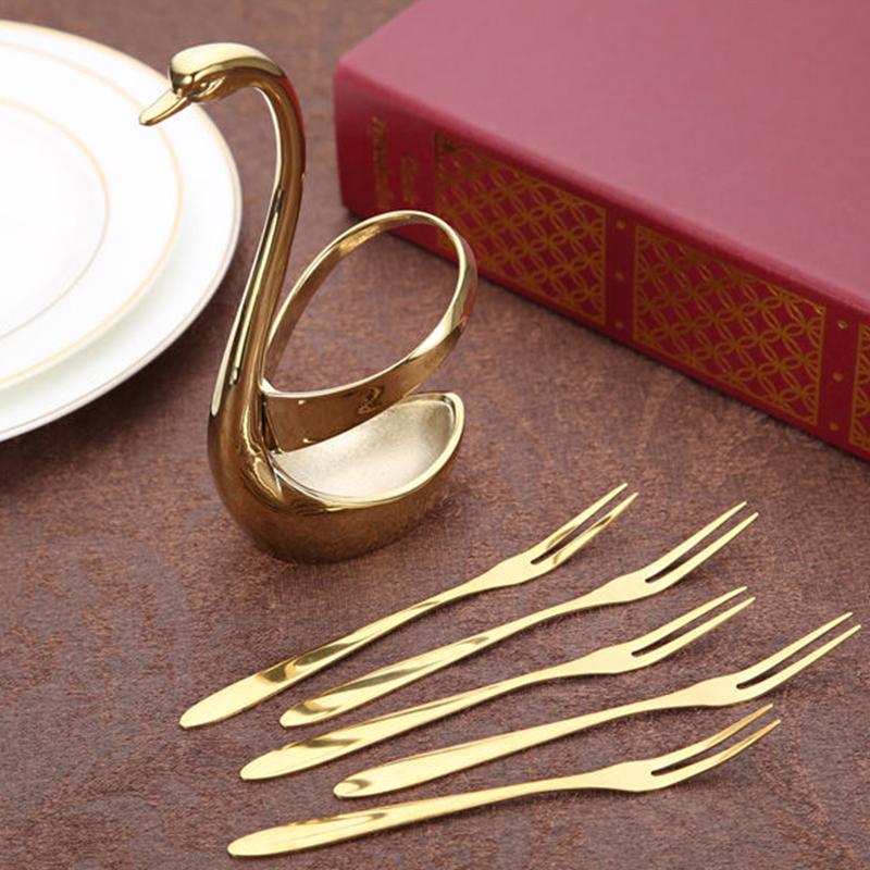 Set de 6 bucăți cu furculiță în formă de lebădă și set de borcane de depozitare Set de furculițe pentru fructe Furculiță pentru desert Veselă Ustensile practice de bucătărie