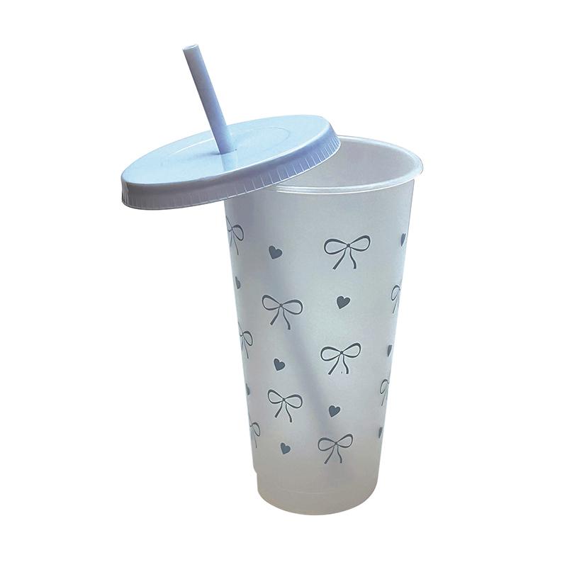Kawaii Water Bottle Aesthetic Tumbler For Ice Coffee Juice Tea Cute Bowknot Plastic Cups With Straw Lid Outdoor tableware