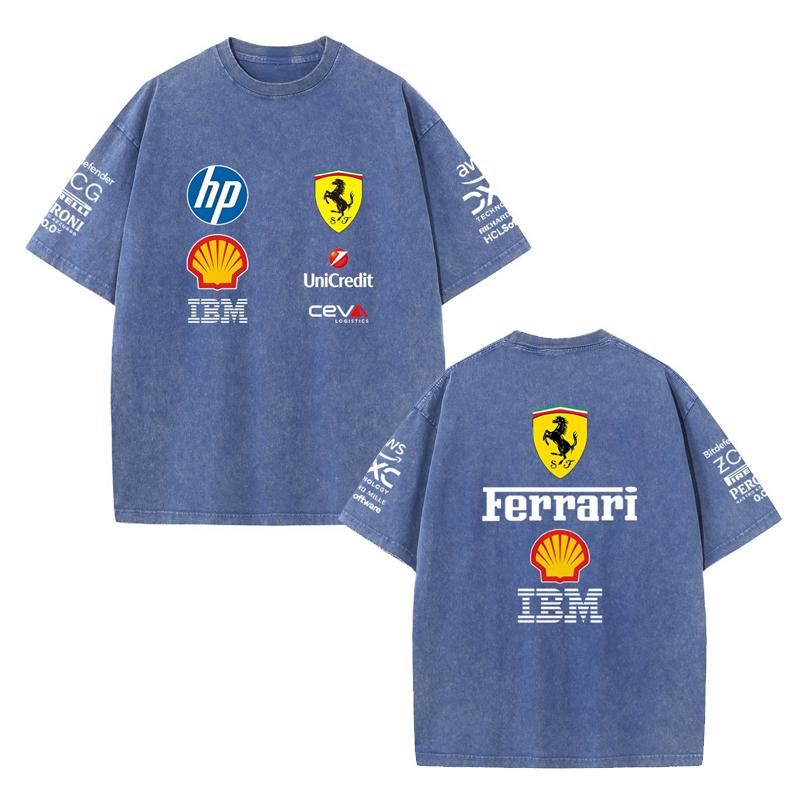 Vintage Washed Black Ferrari F1 Racing T Shirt Oversized Short Sleeve Tee Retro Motorsport Sponsor Logo Print Casual Streetwear Loose Top