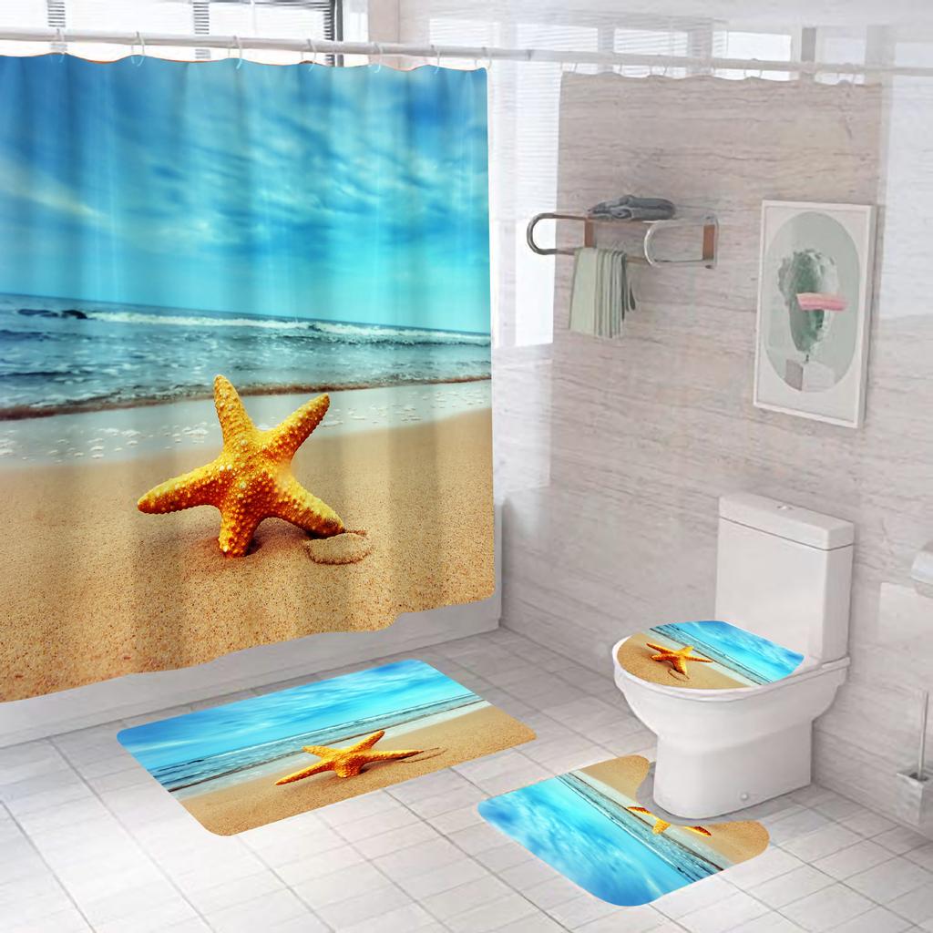 Bathroom Shower Curtain Four-piece Digital Printing Beach Shell Waterproof Shower Curtain Shower Curtain Partition Curtain Bath Mat