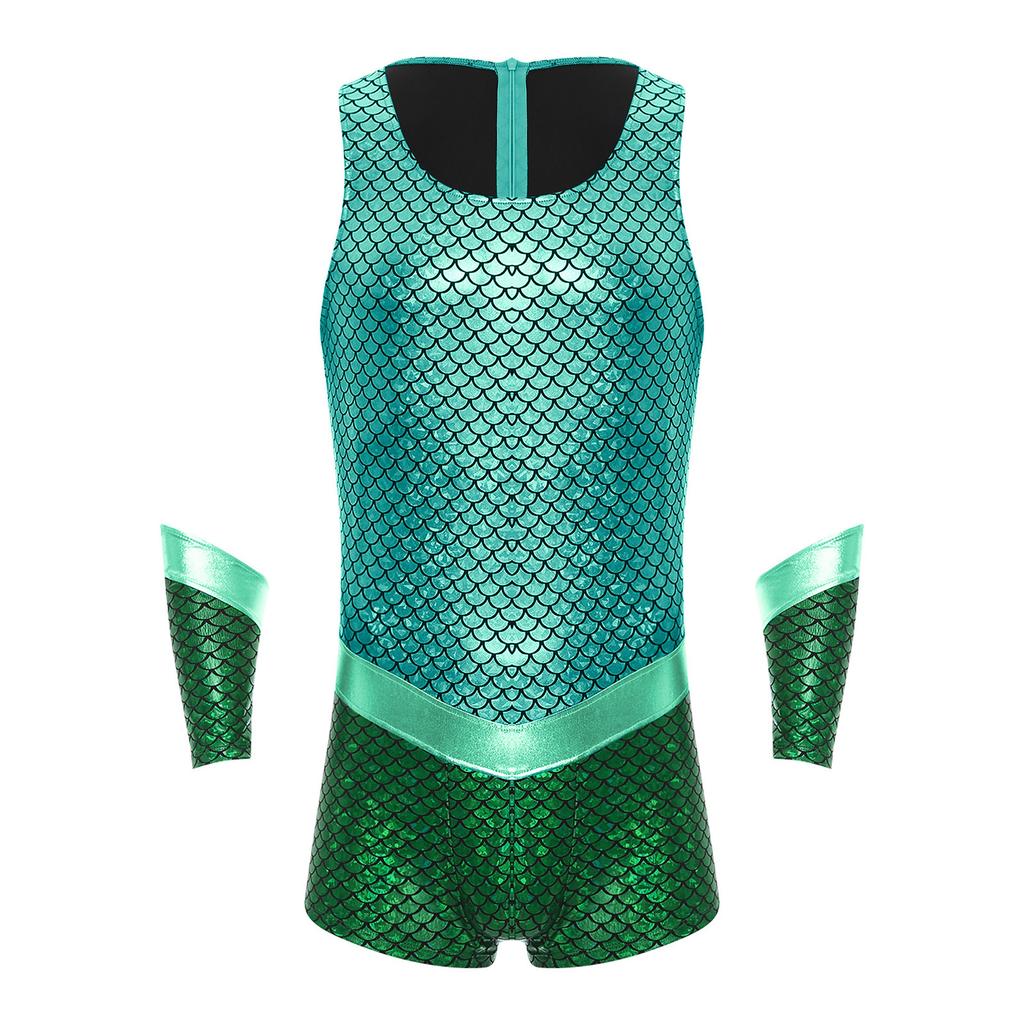 Men Sleeveless Fish Scales Print Bodysuit Sea King Sea God Halloween Cosplay Arm Sleeves Costume