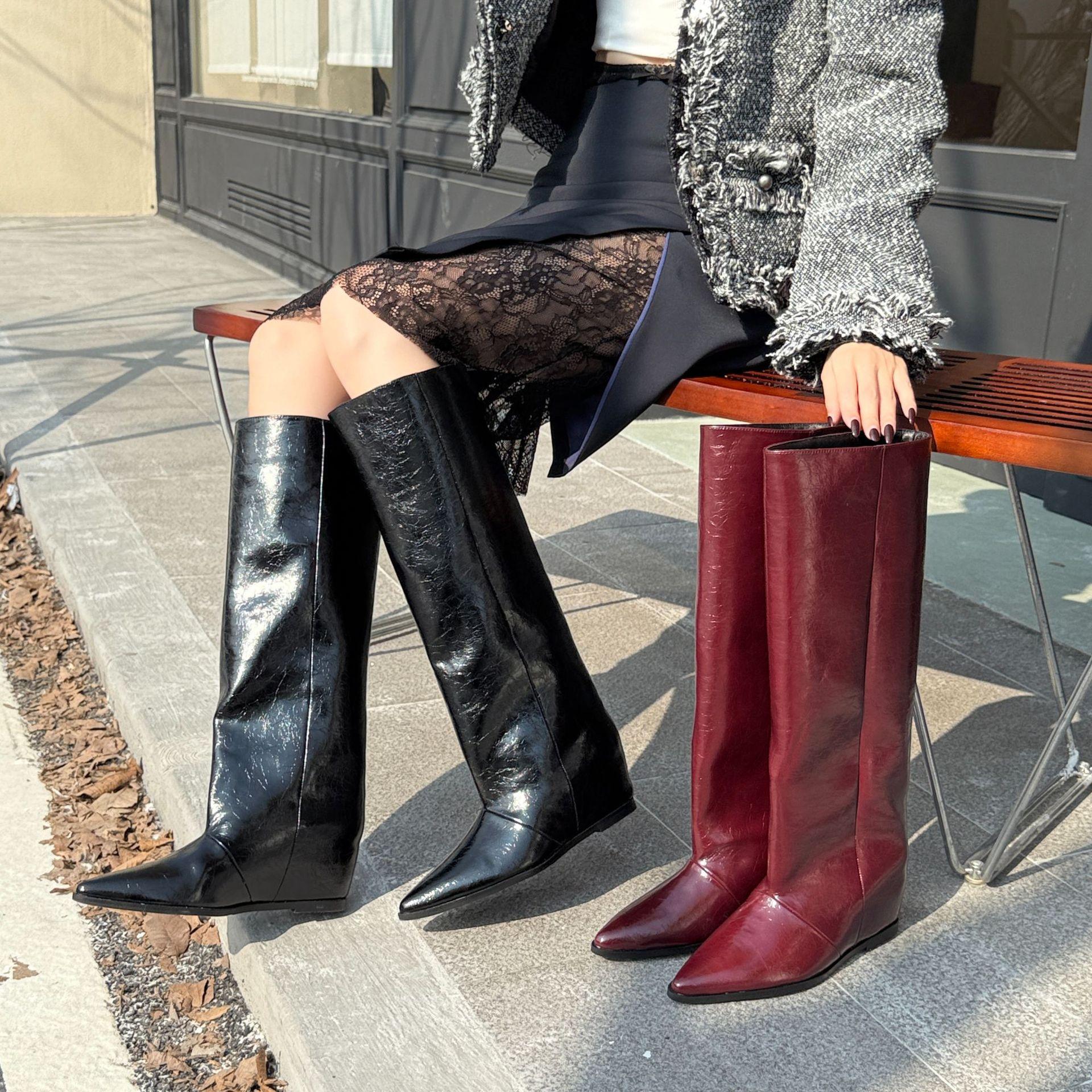 

Inner heightening knight boots women s tall boots autumn and winter new leather pointed mid-heel knee-high boots women s straight boots 40 бордовый