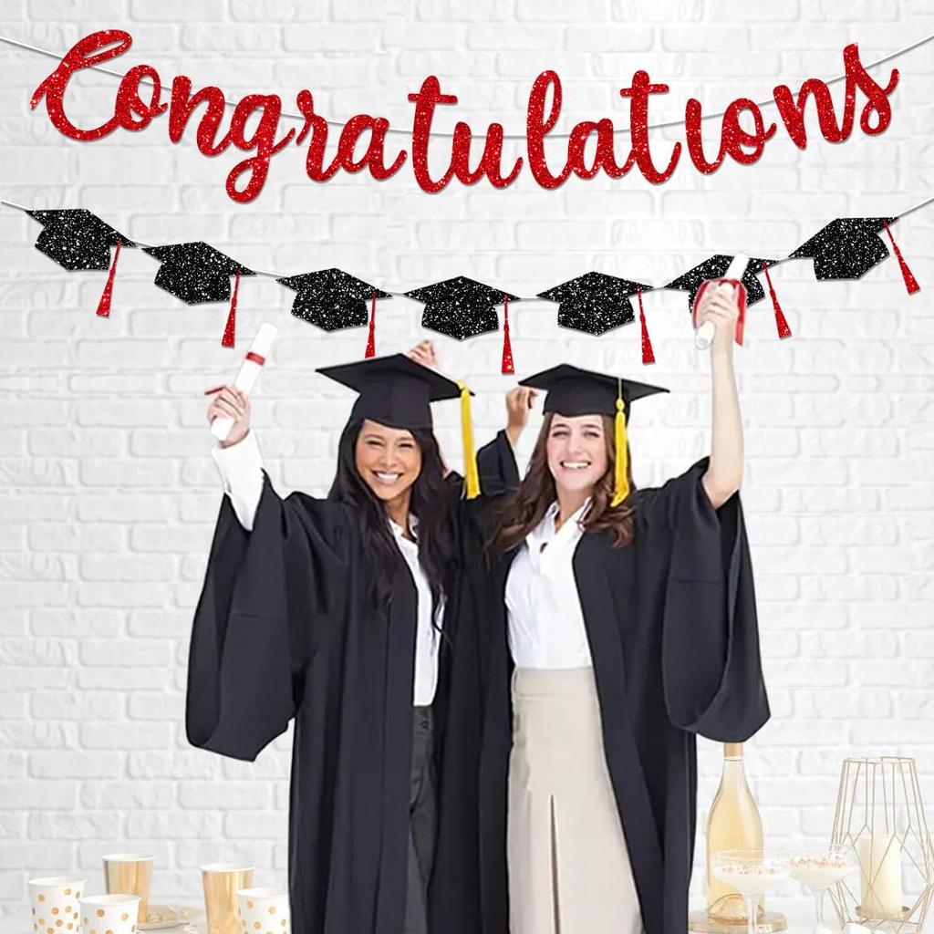 Congratulations Banner Graduation Decorations Class of 2026 Red Glitter Congrats Grad with Tassel Party Decor College High School Favors Black