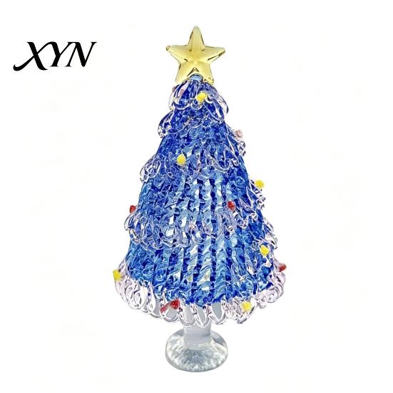 Decorative Glass Sculpture Hand Blown Christmas Tree Figurine with Golen Star, Festive Desk Decoration Mini Xmas Ornament, Handmade Desktop
