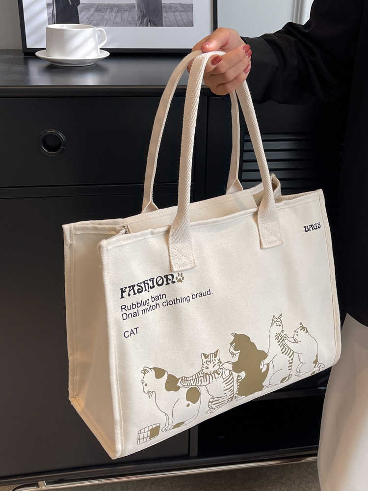 Sac Cabas en Toile Carto Cat Décontracté Simple Étudiant Voyage Sacs à Main Coréen Grande Capacité Femme Trajet Quotidien Sac à Bandoulière Unique