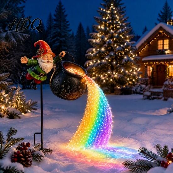 Waterproof LED Pathway Lighting Solar Christmas Garden Stake Light Santa Pouring Flowing String Lights Colorful Magical Holiday Path Lights