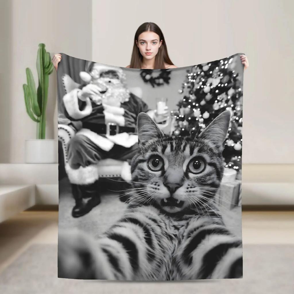 Funny Cat Selfie Santa Merry Christmas Blanket Soft Warm Throw for Winter Bedroom Students Holiday Home Decor