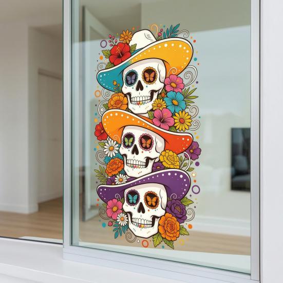 Fall Theme Wall Stickers Skeleton Undead Static Sticker, Waterproof PVC Decorative Decals, Durable Seasonal Window Art for Parties Film Autumn