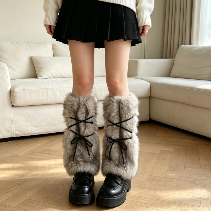 Women's Winter Faux Furs Leg Warmers with Adjustable Crisscross Ties for Textured Cold-Weather Layering and Boot-Top Looks