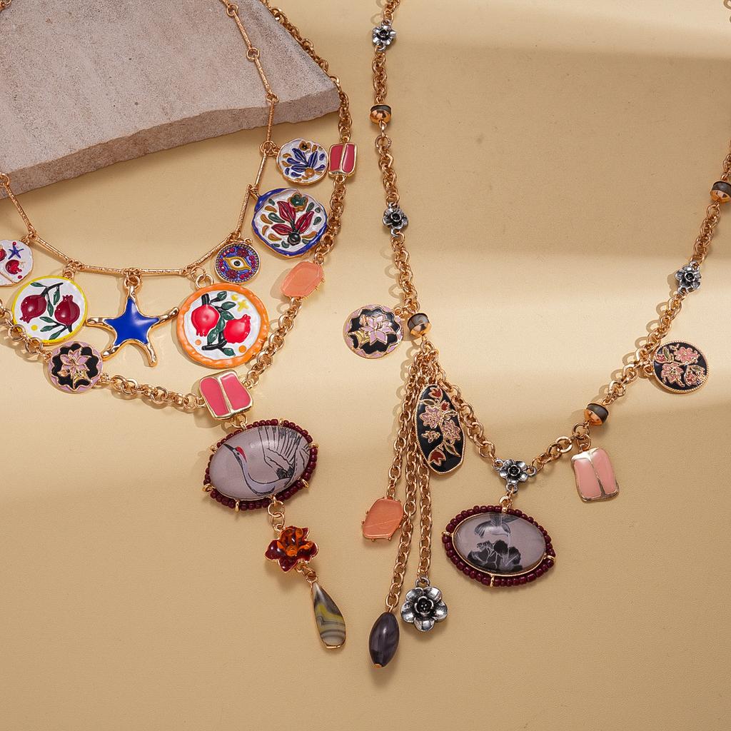Two-piece Set of Exaggerated Round Oval Resin Stone Glass Fringed Necklace Multi-layer Necklace