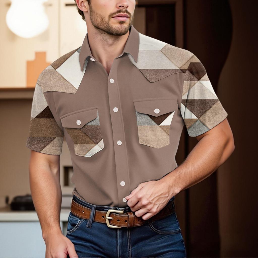 Pánské módní s klopou a krátkým rukávem ležérní top délky po ramena