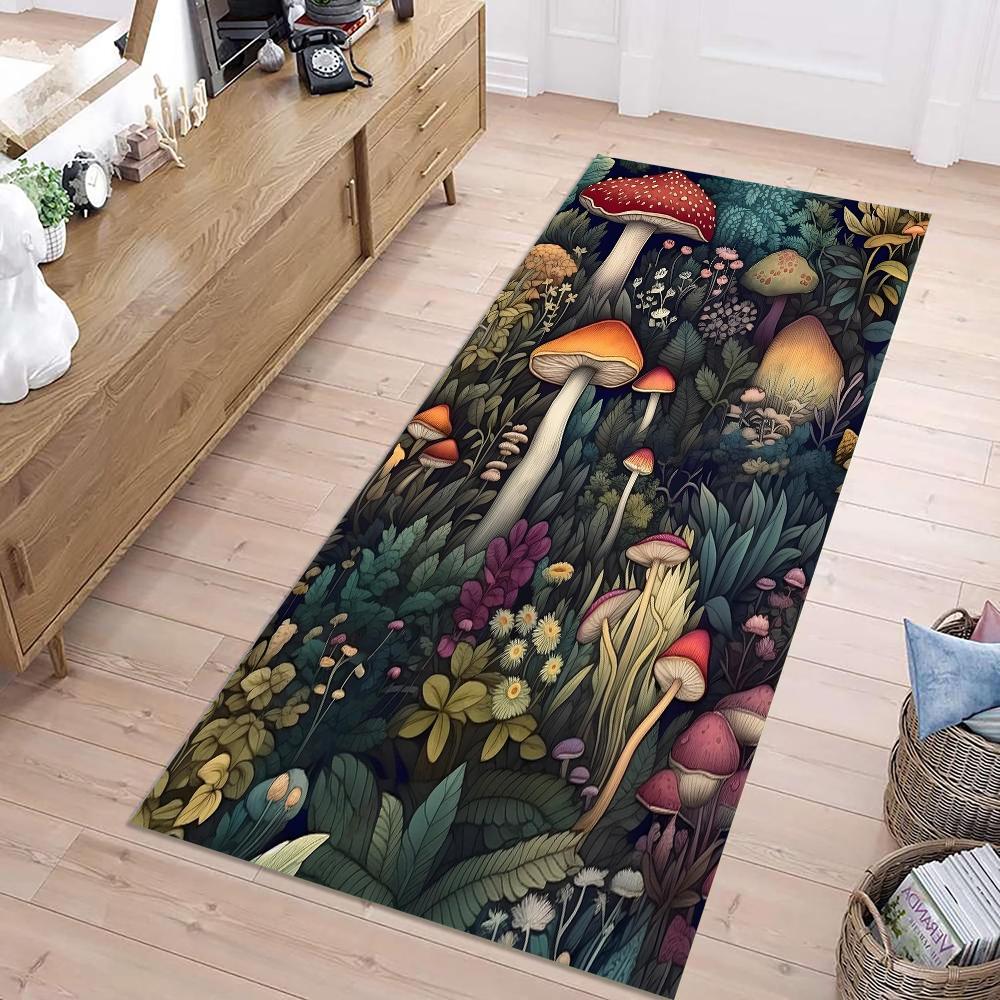 Mushroom Forest Pattern Runner Rug Retro Home Decor Absorbent Floor Mat Non-slip Carpet for Entryway Hallway Living Room Bedside 40X120CM