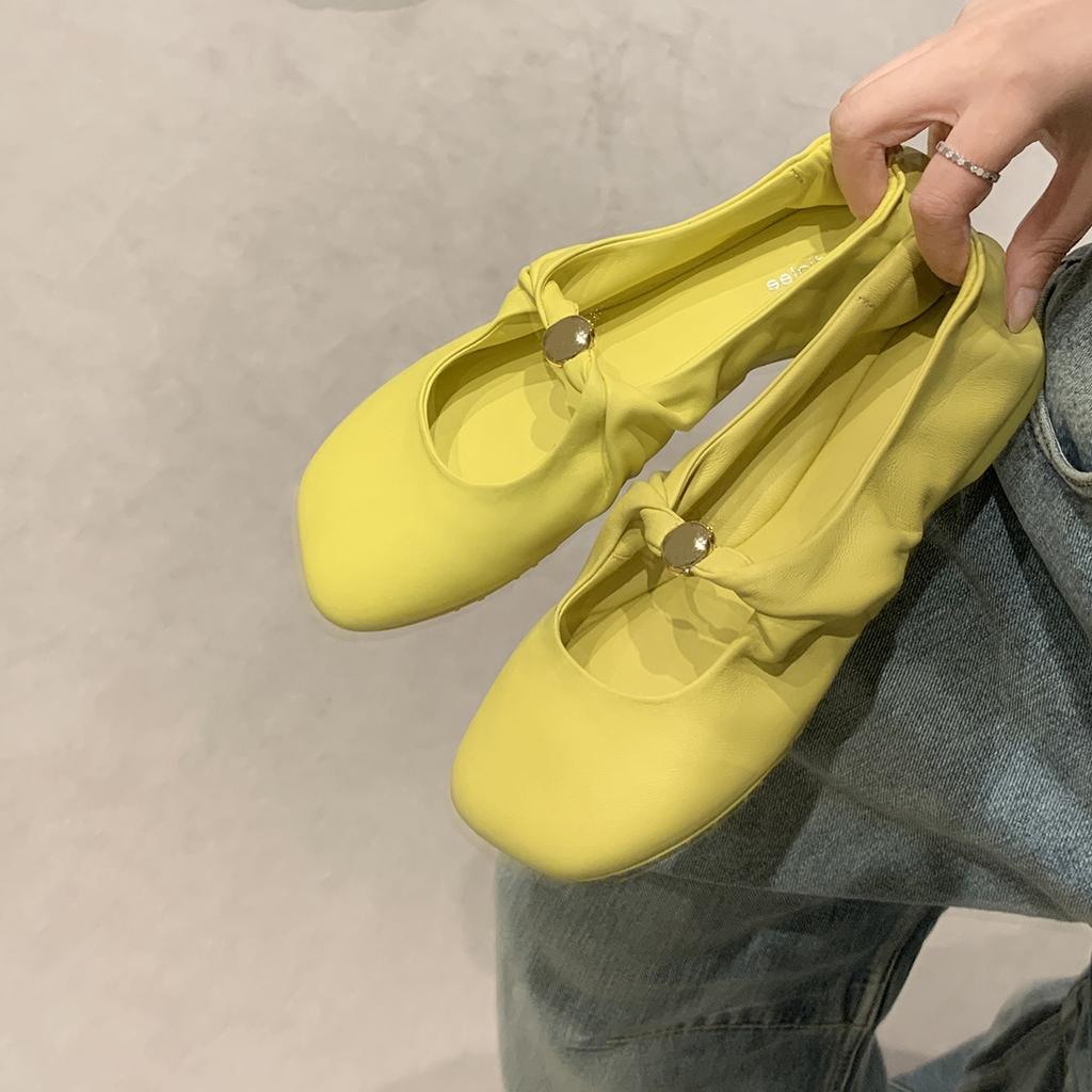 Sheepskin Version~ Grape Mother, the Same Kinked Small Gold Buckle Apple Head Soft Waxy Flat-soled Single Shoes Women's Shallow Mouth Mary Jane Shoes