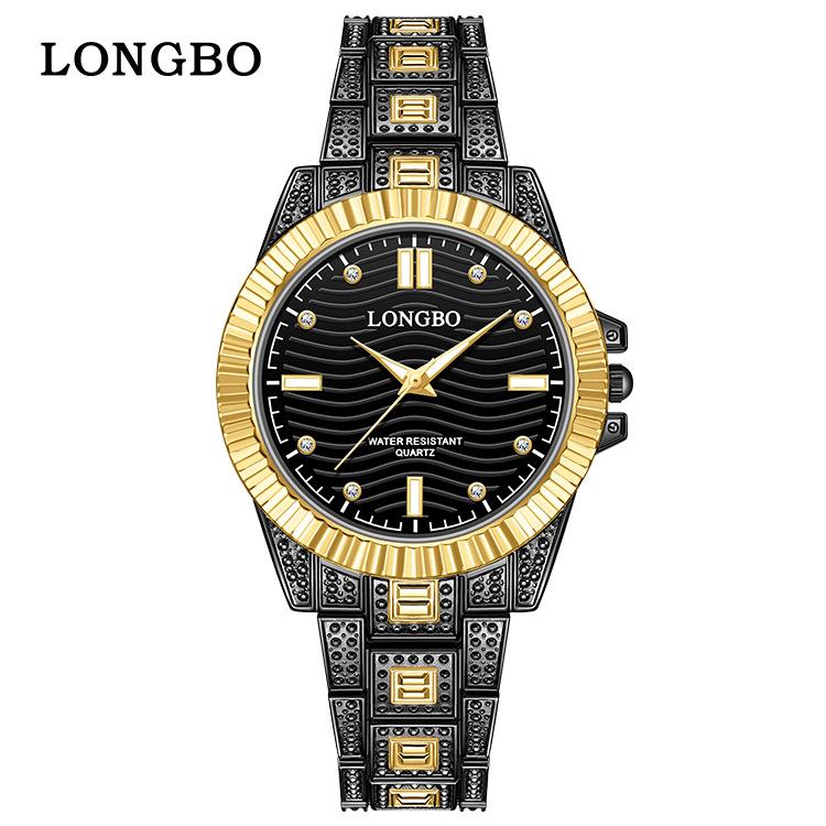 LONGBO 83611 Quartz Watches Waterproof Luminous Stainless Steel Calendar Full Diamond Gold Design Luxury Wristwatch for Couple