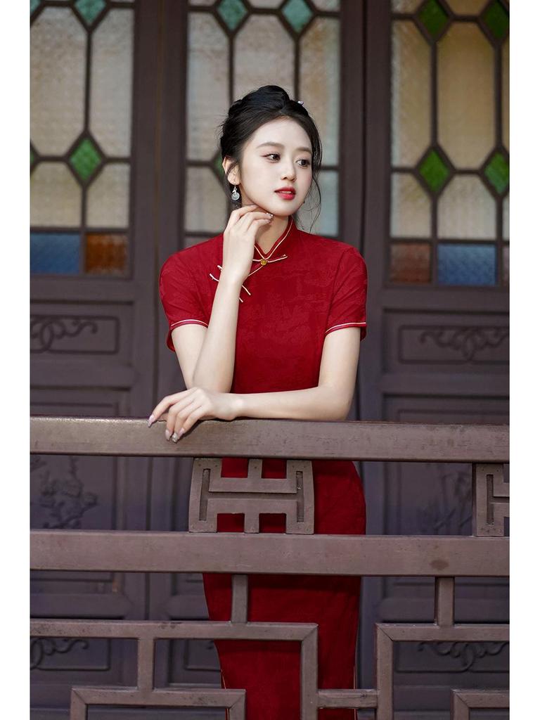 2025 Spring/Summer Red Cheongsam Long Dress - Chinese Style, Short Sleeve Performance Costume