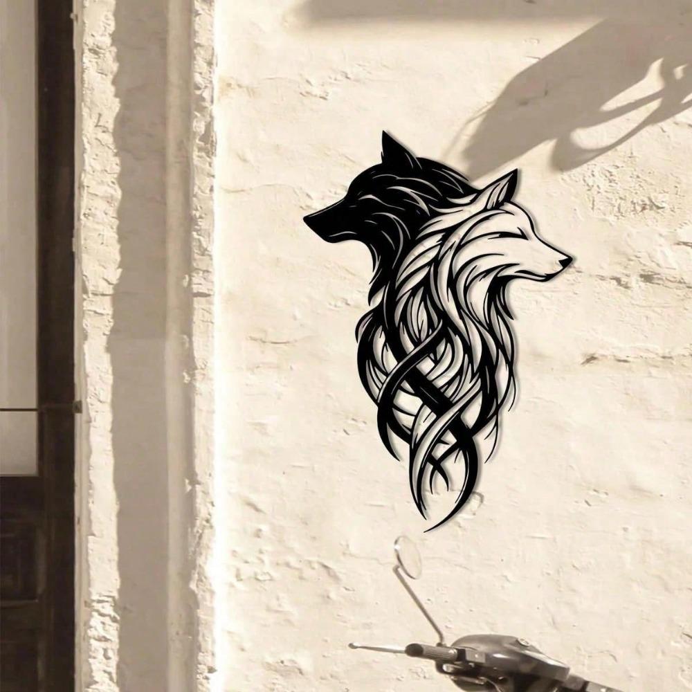 2 ks Kovová nástěnná dekorace Vlk, Černobílé hlavy dvojčat vlků, Kovová nástěnná závěsná dekorace Vlk, Dekorace divokých zvířat do obývacího pokoje, kanceláře, ložnice