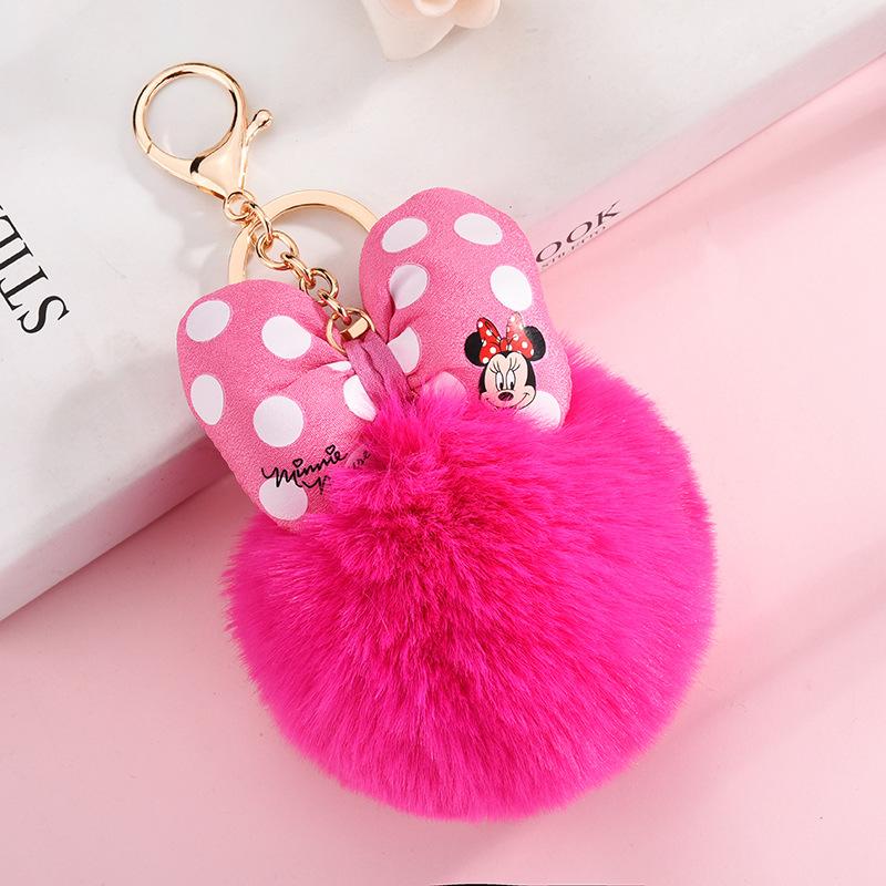 Minnie Plush Keychains Cartoon Polka Dot Bow Pom-Pom Key Ring Pendant Car Bag Ornament Girl Child Gift Toy