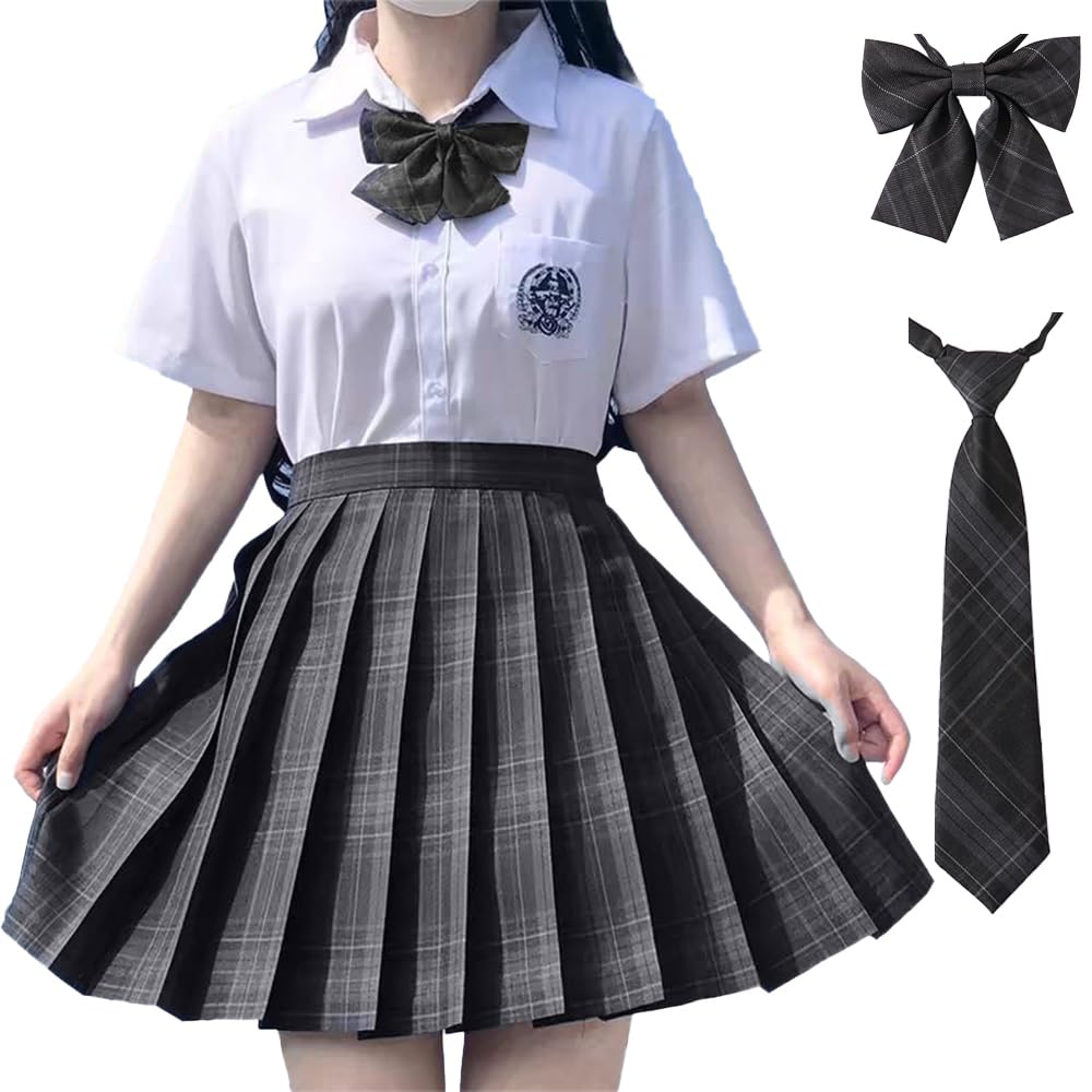 

GEAHOL School Uniform Skirt 3-Piece Set Girls High Waist Pleated Check Pattern M Carbon Gray Adjustable Waist Machine Washable Festival