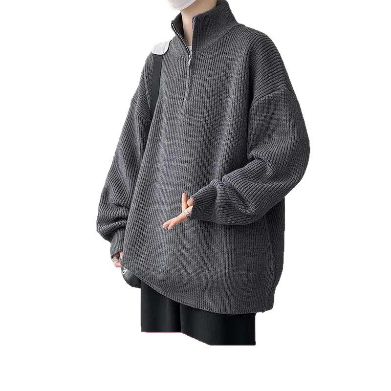 Men's Plus Size Half-Zip Stand Collar Sweater - Solid Color, Versatile, Trendy, Loose Fit for High School Students (Autumn/Winter)