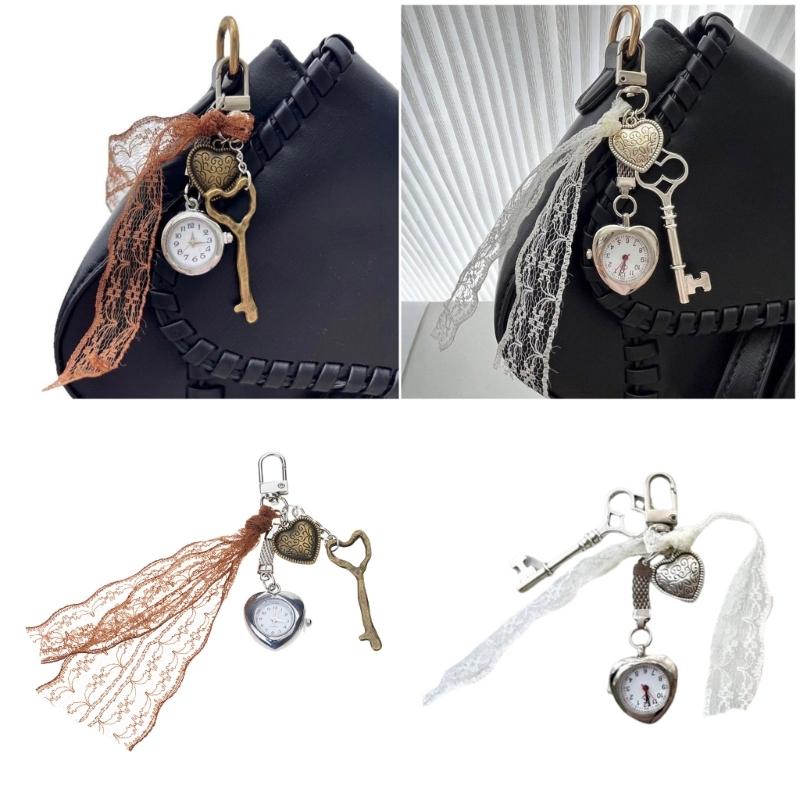 Retro Alloy Heart Keychain Featuring Working Pocket Watch Elegant Decorative Accessory